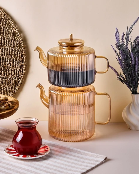 Perotti Tobby Line Amber Çizgili Borosilikat Cam Çaydanlık 1.1L + 1.75L 16803 ürün görseli 1