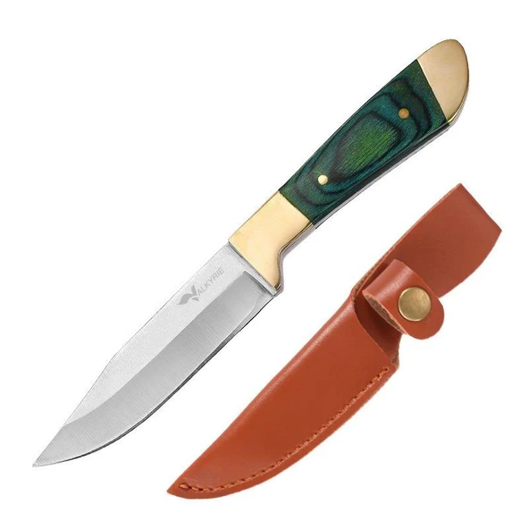 Valkyrie Paslanmaz Çelik Kamp Bıçağı | 16 cm Outdoor Av Bıçağı Deri Kılıflı Kompakt Bıçak Yeşil ürün görseli 1