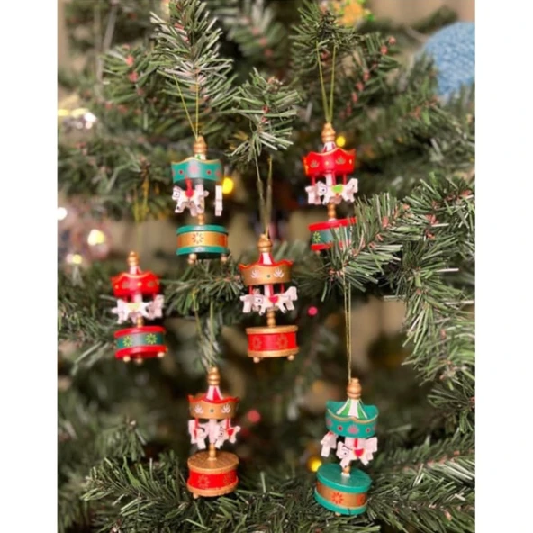 6'lı Mini Ahşap Atlıkarınca Yılbaşı Süsü  Nostaljik Carousel Dekor Seti ürün görseli 1
