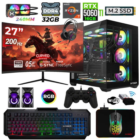 Xaser Helmet X50 Ryzen 7 5700X 32GB Ram 1TB M.2 NVMe SSD 16GB RTX5060 Ti Sıvı Soğutmalı 27" 200Hz Oyuncu Tavsiye Sistem ürün görseli 1
