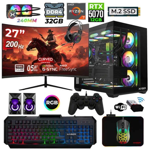 Xaser Helmet X55 Ryzen 7 5700X 32GB Ram 1TB M.2 NVMe SSD 12GB RTX5070 Sıvı Soğutmalı 27" 200Hz Oyuncu Tavsiye Sistem ürün görseli 1