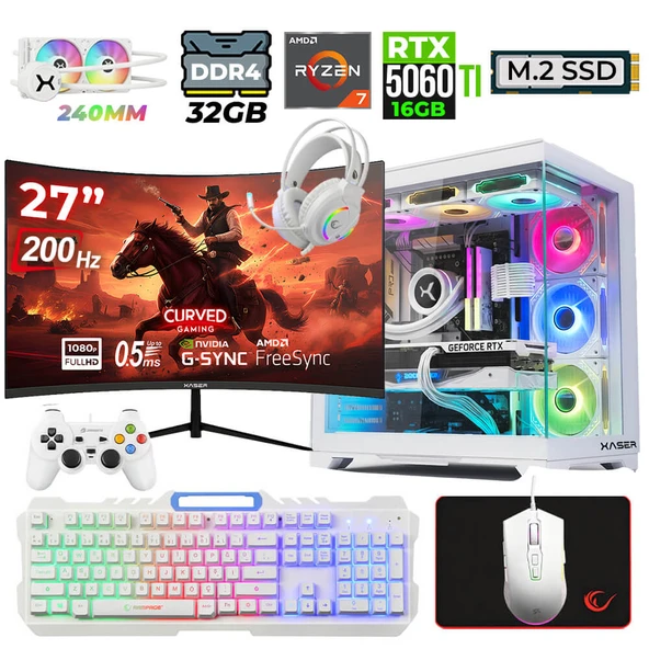 Xaser Helmet X60 Ryzen 7 5700X 32GB Ram 1TB M.2 NVMe SSD 16GB RTX5060 Ti Sıvı Soğutmalı 27" 200Hz Oyuncu Tavsiye Sistem ürün görseli 1