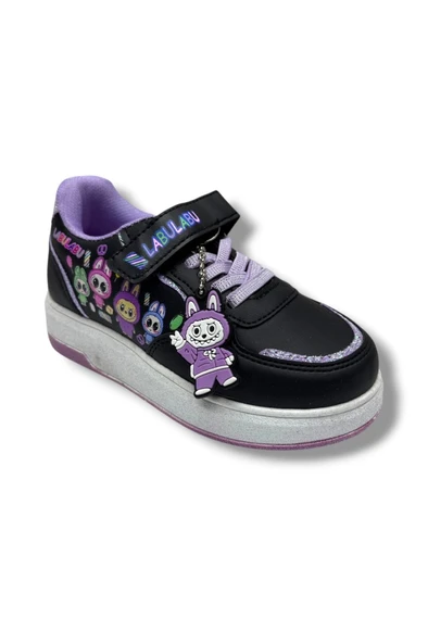 ProKids 4011-26 Cilt Deri Labubu Maskotlu Anatomik Kız Çocuk Sneaker Siyah Lila 31-35 ürün görseli 1