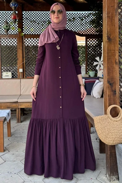 Süreyya Gömlek Elbise Mürdüm - Resim 6