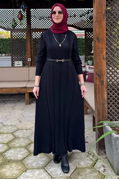 Biricik Kemerli Triko Elbise Siyah ürün görseli 1