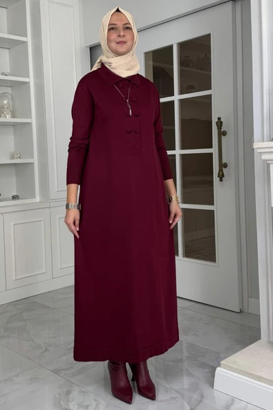 Laçin Triko Elbise Bordo - Resim 3