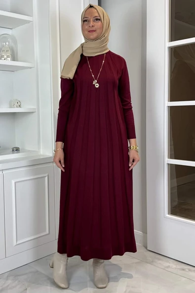 Beyza Fitilli Triko Elbise Bordo - Resim 6