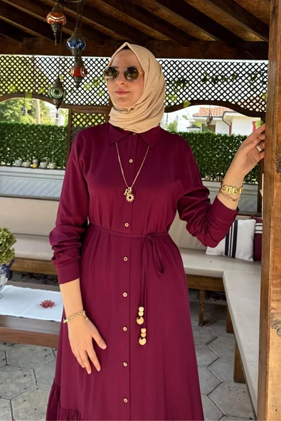 Süreyya Gömlek Elbise Bordo - Resim 4
