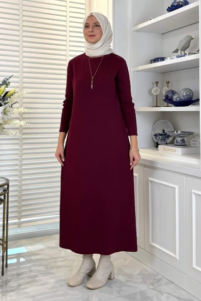 Öykü Çelik Örme Triko Elbise Bordo - Resim 3