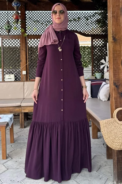 Süreyya Gömlek Elbise Mürdüm - Resim 4