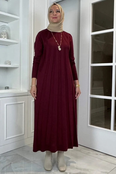 Beyza Fitilli Triko Elbise Bordo - Resim 3