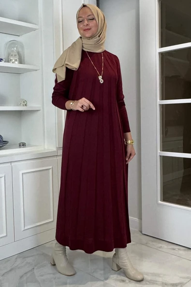 Beyza Fitilli Triko Elbise Bordo - Resim 4