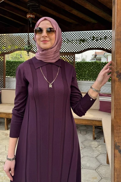 Biricik Kemerli Triko Elbise Mürdüm - Resim 3