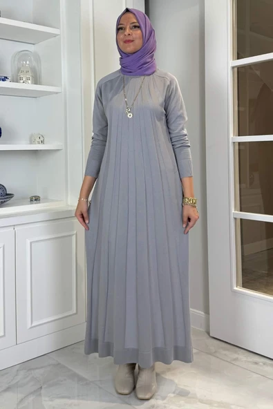 Beyza Fitilli Triko Elbise Gri - Resim 3
