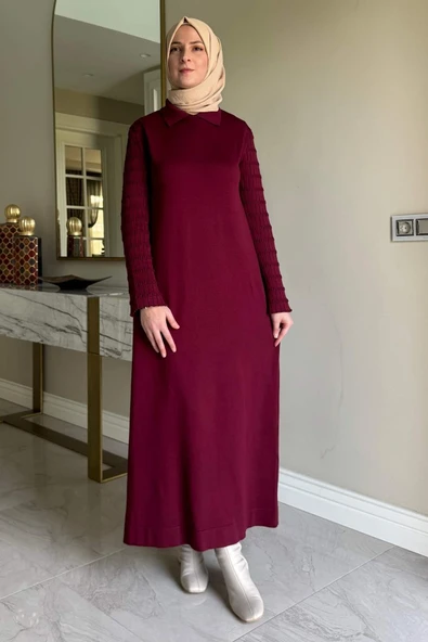 Şölen Fularlı Triko Elbise Bordo - Resim 8