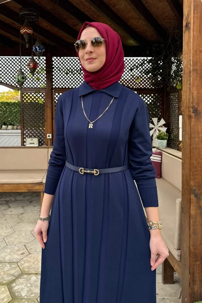 Biricik Kemerli Triko Elbise Lacivert - Resim 4
