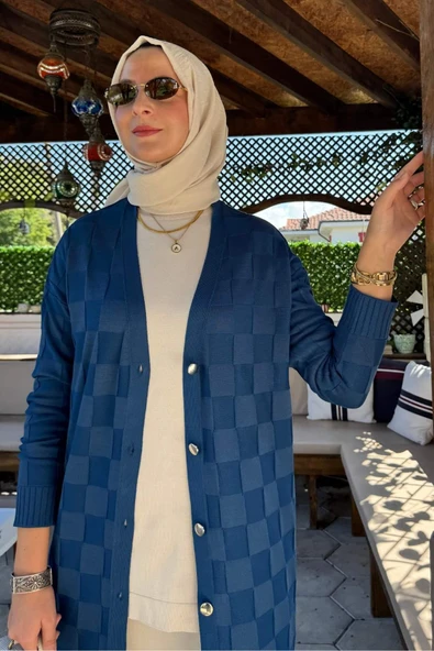 Dama Desenli Triko Hırka İndigo - Resim 2
