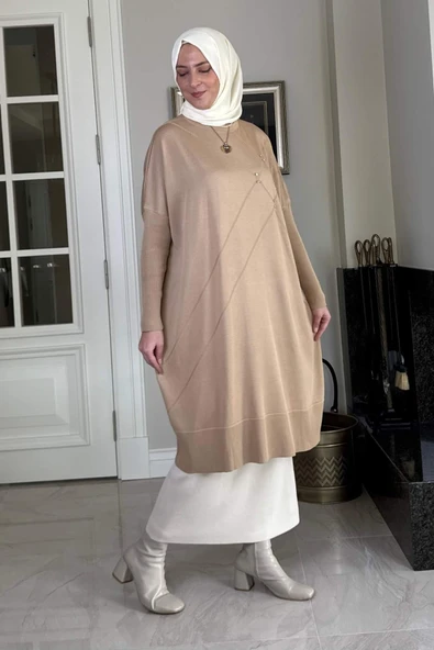 Melda Triko Tunik Bej - Resim 5