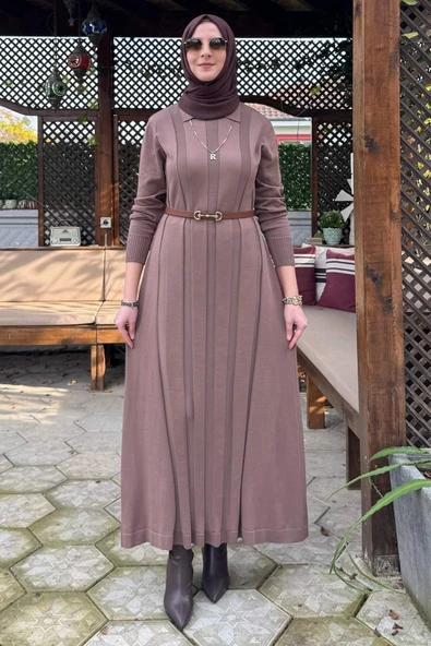 Biricik Kemerli Triko Elbise Sütlü Kahve ürün görseli 1