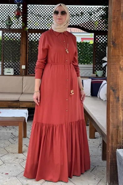 Süreyya Gömlek Elbise Kiremit - Resim 3
