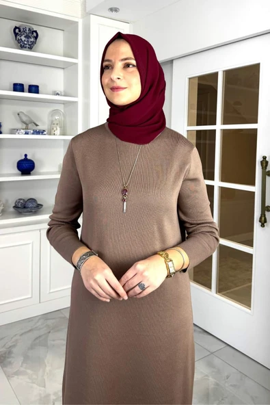 Öykü Çelik Örme Triko Elbise Sütlü Kahve - Resim 2