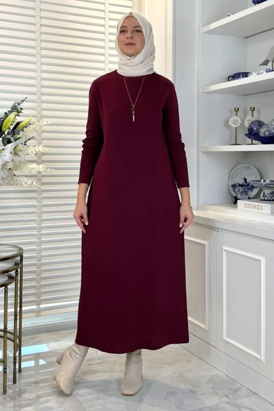 Öykü Çelik Örme Triko Elbise Bordo - Resim 6