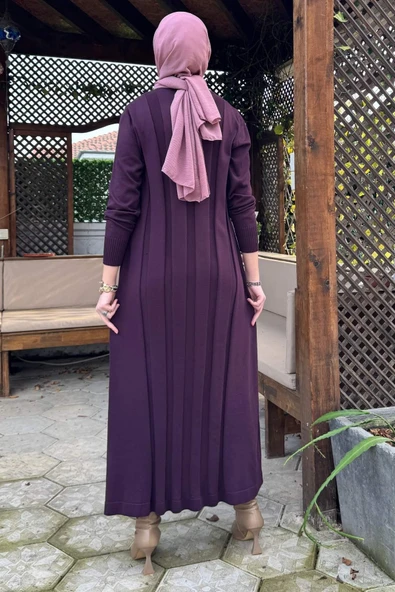 Biricik Kemerli Triko Elbise Mürdüm - Resim 5