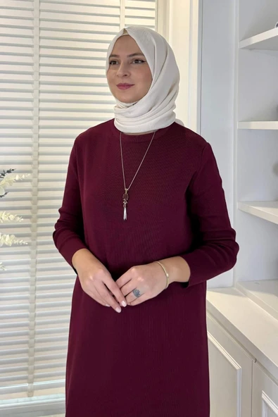 Öykü Çelik Örme Triko Elbise Bordo - Resim 2