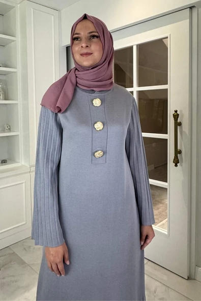 Banu Broşlu Triko Elbise Gri - Resim 2