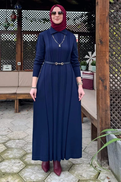 Biricik Kemerli Triko Elbise Lacivert ürün görseli 1