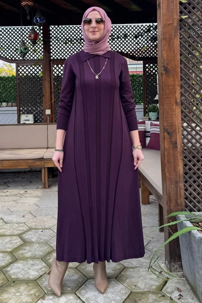 Biricik Kemerli Triko Elbise Mürdüm - Resim 4