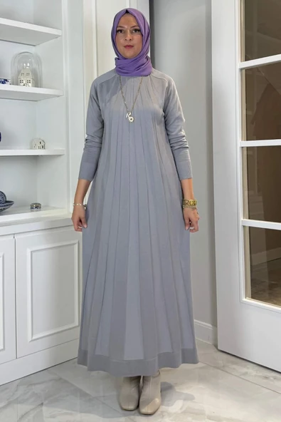 Beyza Fitilli Triko Elbise Gri - Resim 6