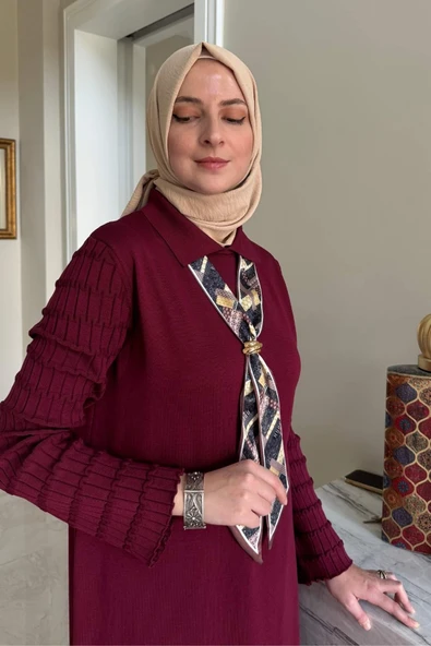 Şölen Fularlı Triko Elbise Bordo - Resim 4