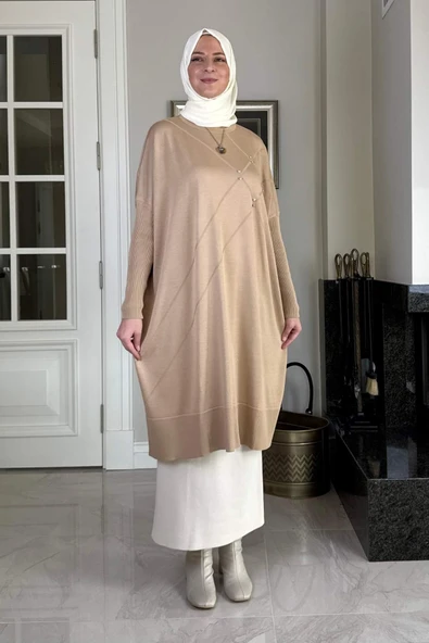 Melda Triko Tunik Bej - Resim 3