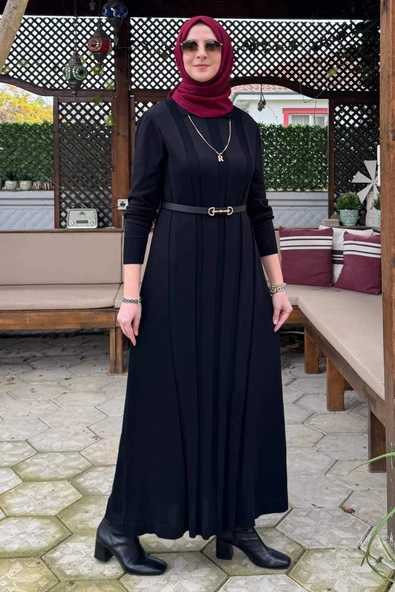 Biricik Kemerli Triko Elbise Siyah - Resim 3