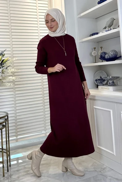 Öykü Çelik Örme Triko Elbise Bordo - Resim 4