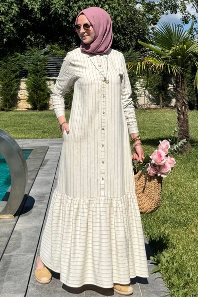 Süreyya Çizgili Gömlek Elbise Siyah - Resim 8