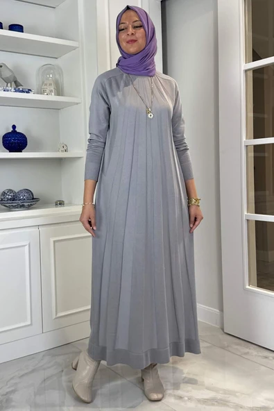 Beyza Fitilli Triko Elbise Gri - Resim 4