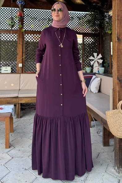 Süreyya Gömlek Elbise Mürdüm - Resim 3