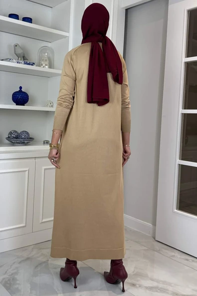 Beyza Fitilli Triko Elbise Bej - Resim 5