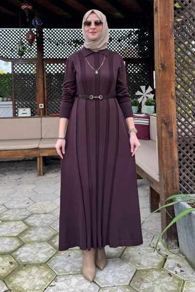 Biricik Kemerli Triko Elbise Acı Kahve ürün görseli 1