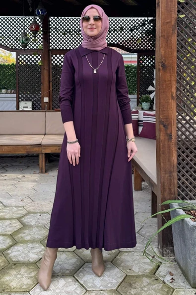 Biricik Kemerli Triko Elbise Mürdüm - Resim 6