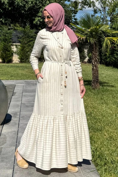 Süreyya Çizgili Gömlek Elbise Siyah - Resim 11