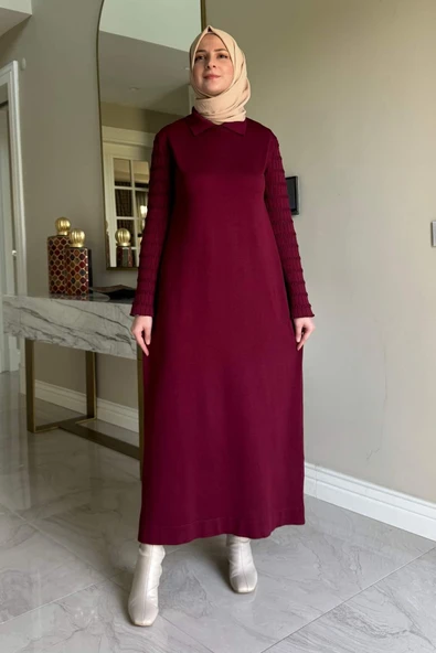 Şölen Fularlı Triko Elbise Bordo - Resim 5