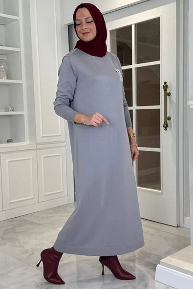 Gözde Broşlu Triko Elbise Gri - Resim 4
