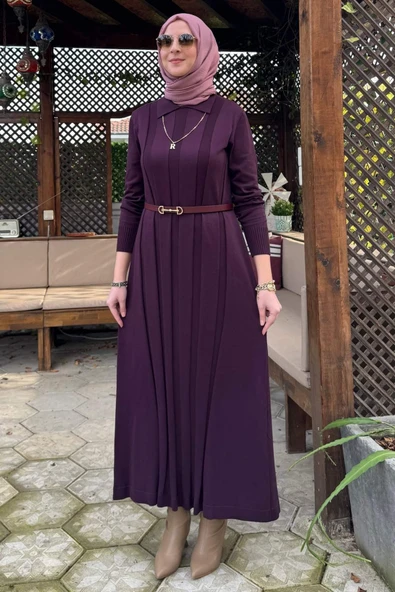 Biricik Kemerli Triko Elbise Mürdüm - Resim 2