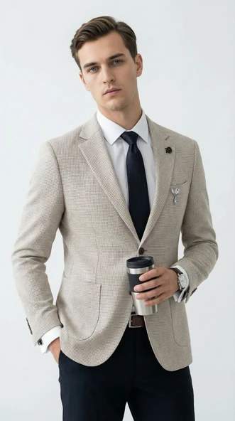 Açık Gri Kırçıllı Erkek Blazer Ceket – Torba Cepli, Çift Yırtmaçlı, Dokulu Premium Kumaş Slim Fit ürün görseli 1