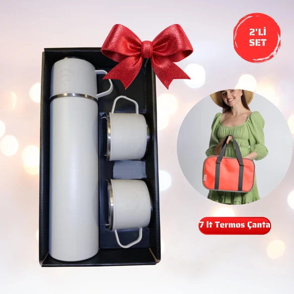 2li Set-Paslanmaz Çelik 3 Bardaklı Matara Seti-500 ml-7 Lt Termos Çanta ürün görseli 1