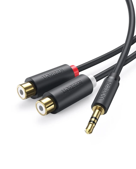 UGREEN 3.5mm Erkek - 2 RCA Dişi Jaklı Stereo Ses Kablosu Y Adaptörü Altın Kaplama Kulaklık Kablosu, 25cm, 10547 ürün görseli 1
