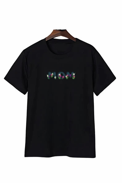 Anneler Gününe Özel Tasarım Mom Çiçek Baskılı T-shirt - Siyah ürün görseli 1